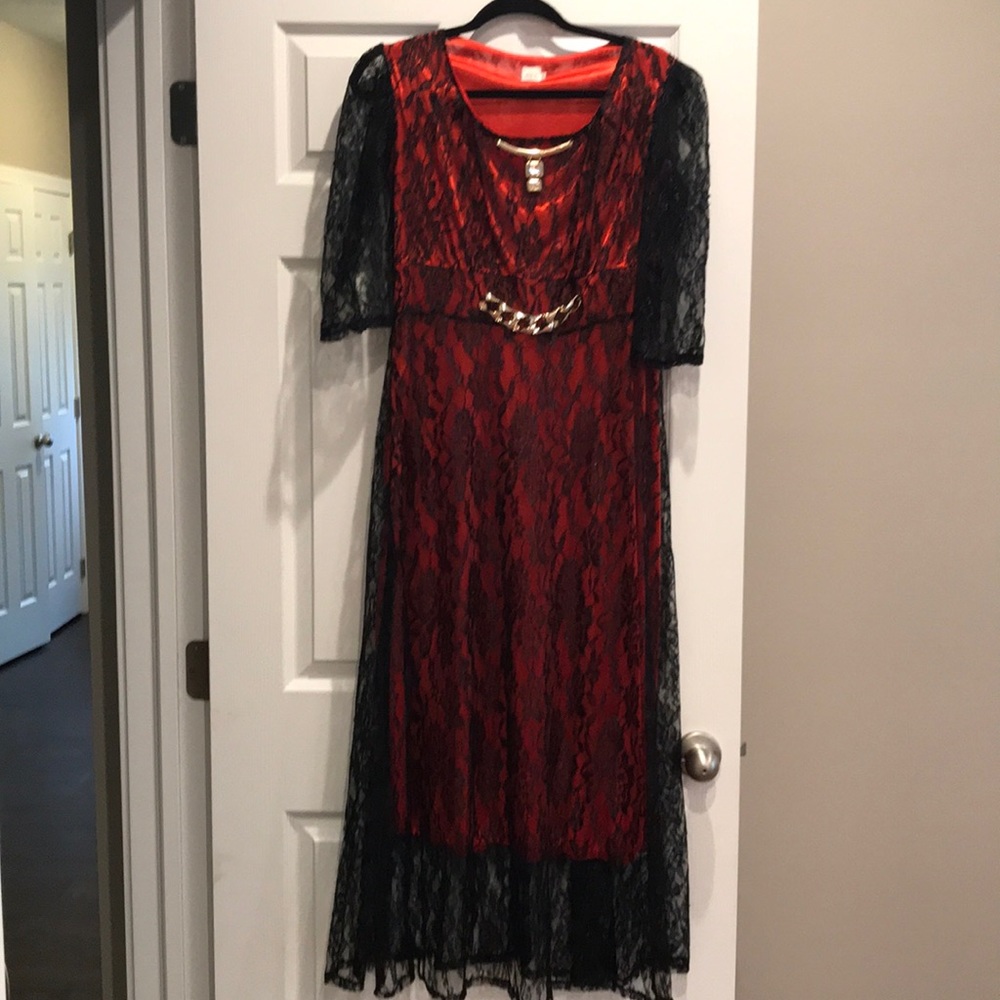 Red dress with black lace overlay